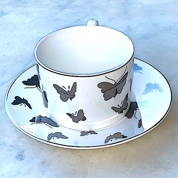 GRACES TEAWARE SILVER METALLIC BUTTERFLY’S FLAT CUP SAUCER SET NEW PORCELAIN - Picture 4 of 9